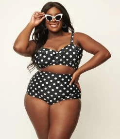 Unique Vintage Plus Size Black & White Polka Dot High Waist Louise Swim Bottoms Swimwear