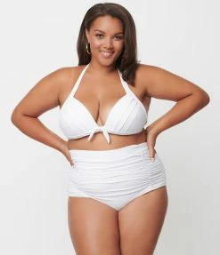 Swimwear Unique Vintage Plus Size Solid White Monroe Halter Swim Top