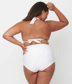 Swimwear Unique Vintage Plus Size Solid White Monroe Halter Swim Top