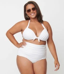 Swimwear Unique Vintage Plus Size Solid White Monroe Halter Swim Top