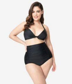 Swimwear Unique Vintage Plus Size All Black Monroe High Waist Bikini Bottom