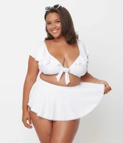 Swimwear Unique Vintage Plus Size White Ruffled Cap Sleeve Frida Swim Top