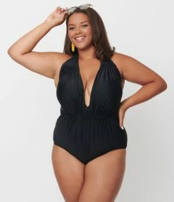 Unique Vintage Plus Size Black Halter Shirred Derek One Piece Swimsuit Swimwear