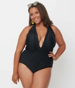 Unique Vintage Plus Size Black Halter Shirred Derek One Piece Swimsuit Swimwear