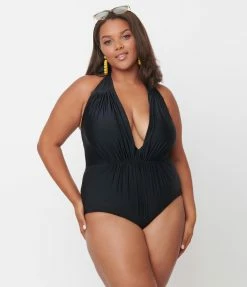 Unique Vintage Plus Size Black Halter Shirred Derek One Piece Swimsuit Swimwear