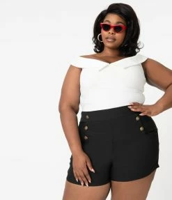 Sale Unique Vintage Plus Size 1940s Black High Waist Sailor Debbie Shorts