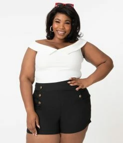 Sale Unique Vintage Plus Size 1940s Black High Waist Sailor Debbie Shorts