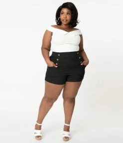 Sale Unique Vintage Plus Size 1940s Black High Waist Sailor Debbie Shorts
