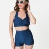 Attempt Inc. (Pinky Pinups) Vintage Style Navy Blue Bow Halter Swim Top