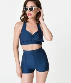 Attempt Inc. (Pinky Pinups) Vintage Style Navy Blue Bow Halter Swim Top