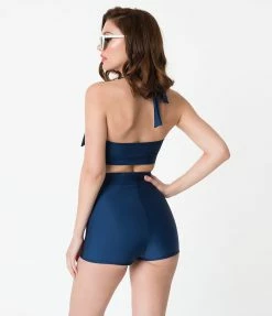 Attempt Inc. (Pinky Pinups) Vintage Style Navy Blue Bow Halter Swim Top