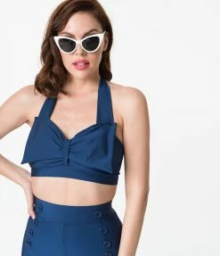 Attempt Inc. (Pinky Pinups) Vintage Style Navy Blue Bow Halter Swim Top
