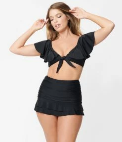 Unique Vintage Black Skirted High Waist Alice Swim Bottoms Swimwear