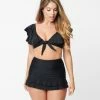 Unique Vintage Black Ruffled Cap Sleeve Frida Swim Top Swimwear