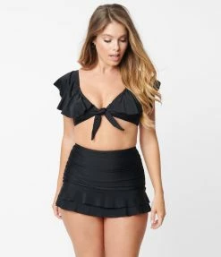 Unique Vintage Black Ruffled Cap Sleeve Frida Swim Top Swimwear