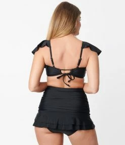 Unique Vintage Black Ruffled Cap Sleeve Frida Swim Top Swimwear