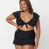 Unique Vintage Plus Size Black Ruffled Cap Sleeve Frida Swim Top