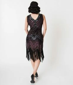 Unique Vintage 1920s Deco Purple & Black Sequin Veronique Fringe Flapper Dress