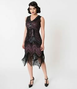 Unique Vintage 1920s Deco Purple & Black Sequin Veronique Fringe Flapper Dress