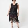 Clothing Unique Vintage Plus Size 1920s Deco Purple & Black Sequin Veronique Fringe Flapper Dress