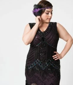 Clothing Unique Vintage Plus Size 1920s Deco Purple & Black Sequin Veronique Fringe Flapper Dress