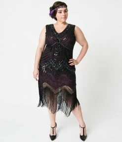 Clothing Unique Vintage Plus Size 1920s Deco Purple & Black Sequin Veronique Fringe Flapper Dress