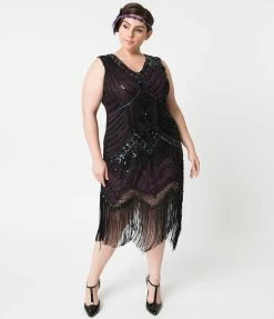 Clothing Unique Vintage Plus Size 1920s Deco Purple & Black Sequin Veronique Fringe Flapper Dress