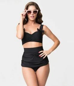 Attempt Inc. (Pinky Pinups) New Arrivals! Retro Style Black Gathered High Waist Skirted Swim Bottoms