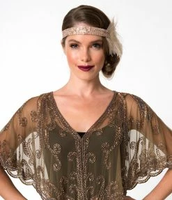 Western Fashion 1920s Style Brown & Dusty Rose Gold Beaded Sheer Mesh Capelet