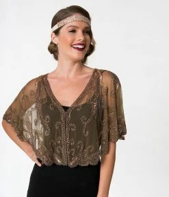 Western Fashion 1920s Style Brown & Dusty Rose Gold Beaded Sheer Mesh Capelet