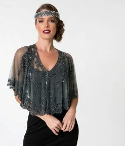 Western Fashion Clothing 1920s Style Grey & Gun Metal Beaded Sheer Mesh Capelet