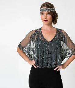 Western Fashion Clothing 1920s Style Grey & Gun Metal Beaded Sheer Mesh Capelet