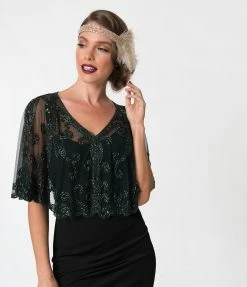 Western Fashion Clothing 1920s Style Dark Green & Olive Beaded Sheer Mesh Capelet