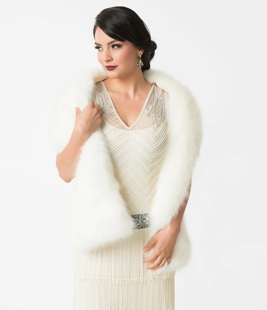 Unique Vintage White Ivory Faux Fur Stole Clothing