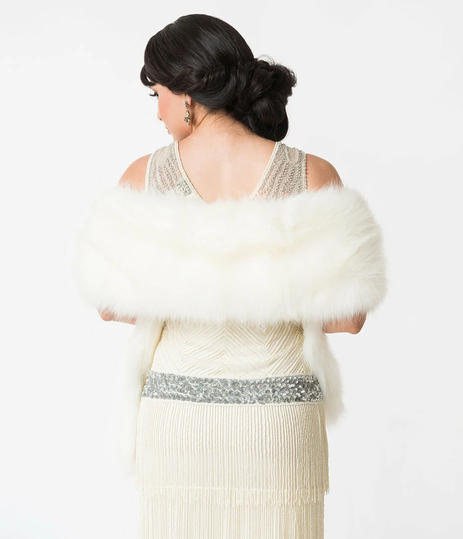 Unique Vintage White Ivory Faux Fur Stole Clothing