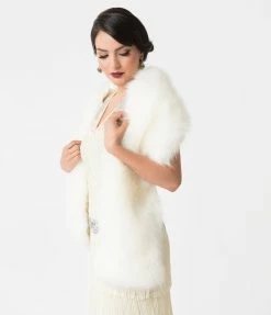 Unique Vintage White Ivory Faux Fur Stole Clothing