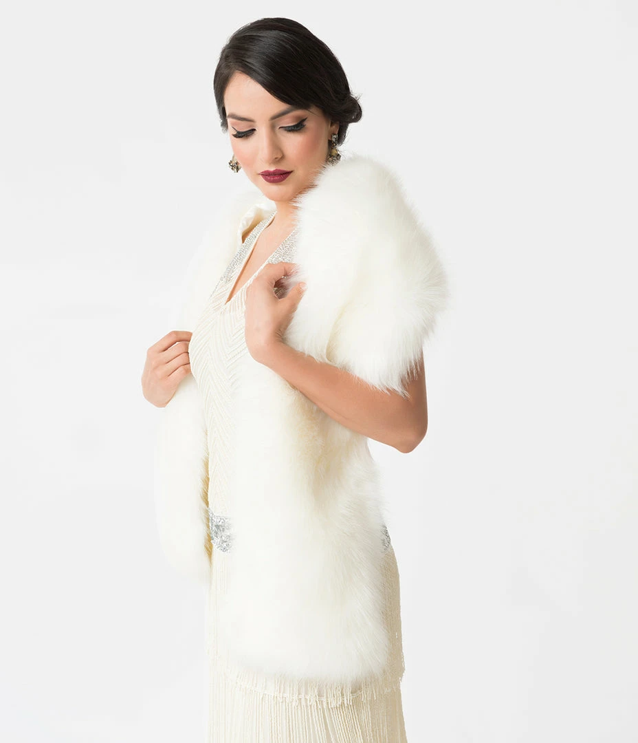 Unique Vintage White Ivory Faux Fur Stole Clothing