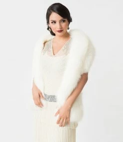 Unique Vintage White Ivory Faux Fur Stole Clothing