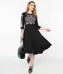 Unique Vintage 1950s Black Skeleton Bones Graves Swing Dress Sale