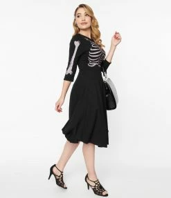 Unique Vintage 1950s Black Skeleton Bones Graves Swing Dress Sale