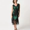 Unique Vintage 1920s Deco Green & Black Sequin Veronique Fringe Flapper Dress Clothing