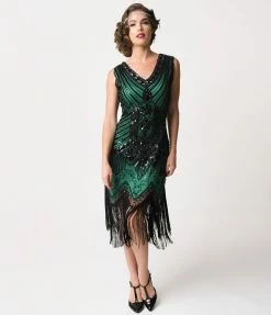 Unique Vintage 1920s Deco Green & Black Sequin Veronique Fringe Flapper Dress Clothing