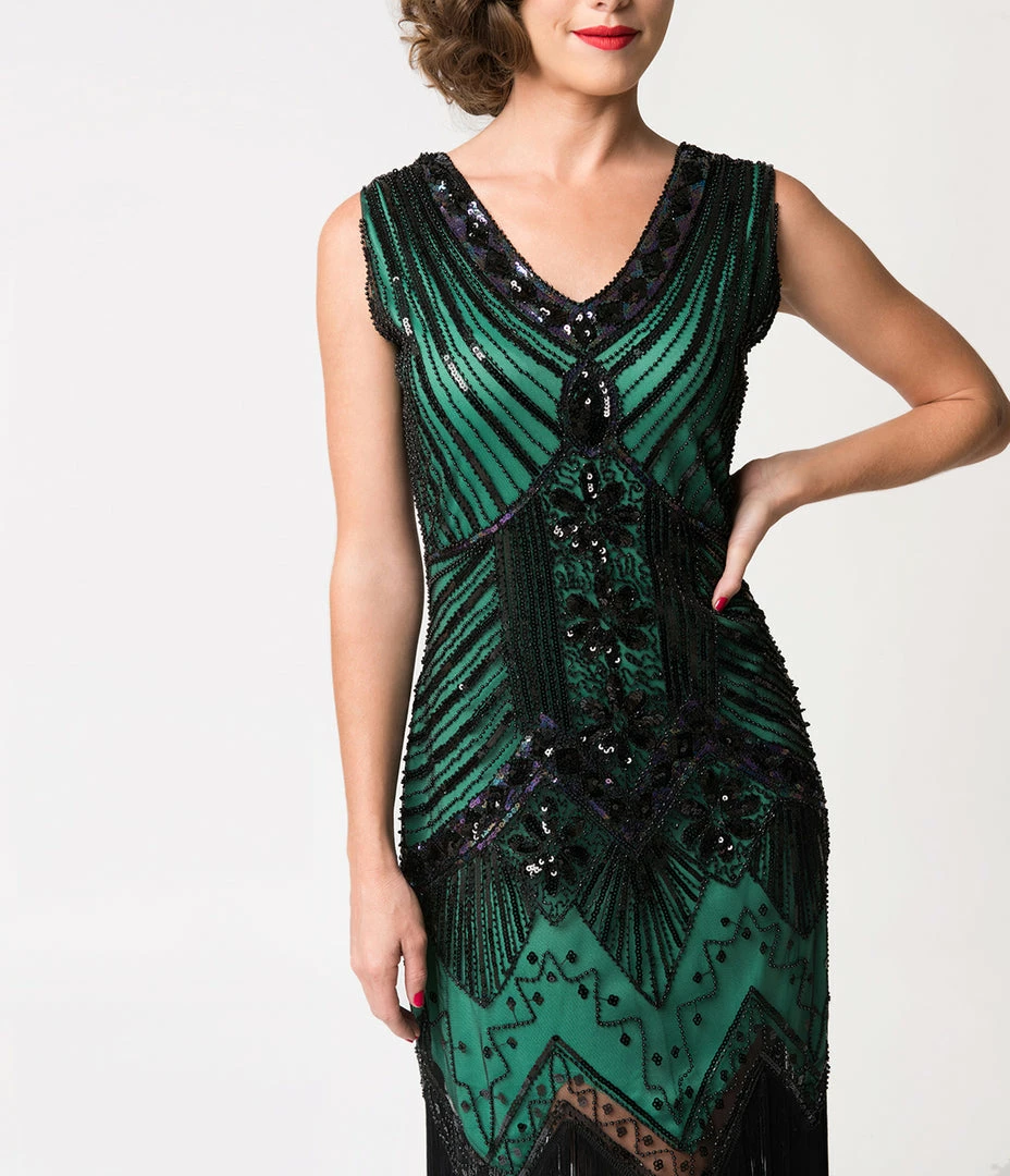 Unique Vintage 1920s Deco Green & Black Sequin Veronique Fringe Flapper Dress Clothing