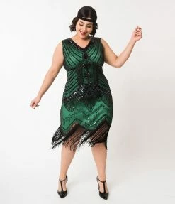 Clothing Unique Vintage Plus Size 1920s Deco Green & Black Sequin Veronique Fringe Flapper Dress
