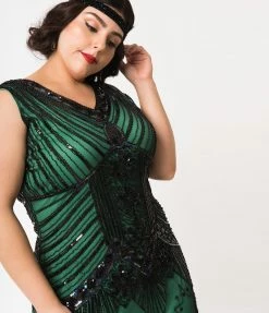Clothing Unique Vintage Plus Size 1920s Deco Green & Black Sequin Veronique Fringe Flapper Dress
