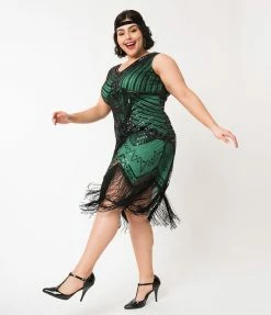 Clothing Unique Vintage Plus Size 1920s Deco Green & Black Sequin Veronique Fringe Flapper Dress