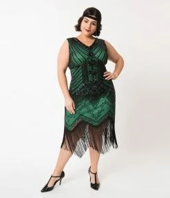Clothing Unique Vintage Plus Size 1920s Deco Green & Black Sequin Veronique Fringe Flapper Dress