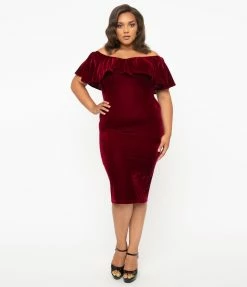 Unique Vintage Plus Size 1950s Burgundy Red Velvet Sophia Wiggle Dress Clothing