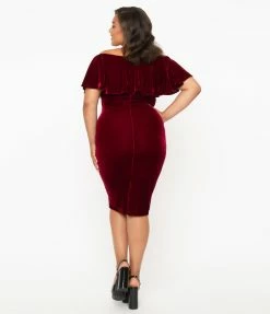 Unique Vintage Plus Size 1950s Burgundy Red Velvet Sophia Wiggle Dress Clothing