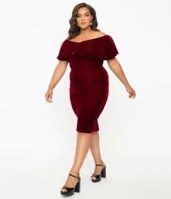 Unique Vintage Plus Size 1950s Burgundy Red Velvet Sophia Wiggle Dress Clothing